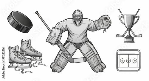 Ice hockey equipment and trophy icon set with goalie, skates, puck, stick, and stadium grid