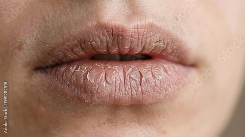 Extreme Close Up Of Dry Chapped Lips Showing Cracked Skin Texture And Flaking In Natural Soft Lighting And Shallow Depth Of Field