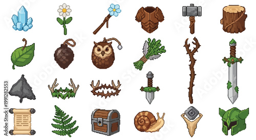 Bild auf Leinwand A collection of nature-themed fantasy RPG pixel art icons featuring equipment, magical artifacts, and organic materials on a white background