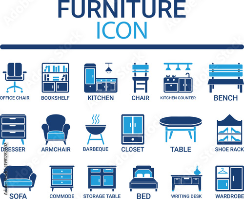 Furniture vector icon set including office chair, bookshelf, kitchen, dresser, armchair, sofa, commode, storage table, bed, writing desk, wardrobe, and other household symbols