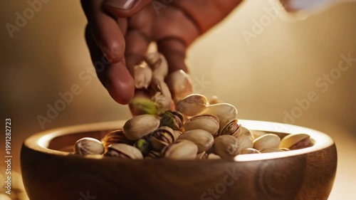 Hand Picking Fresh Roasted Pistachio Nuts From Rustic Wooden Bowl in Warm Golden Light Closeup
