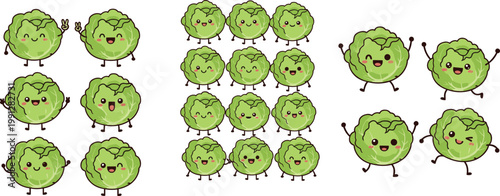 Cute cabbage cartoon character collection with funny expressions kawaii vegetable vector illustration set of healthy food mascots