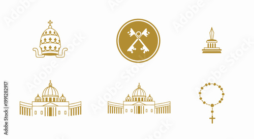 Golden Vatican City icons representing Catholic symbols and landmarks