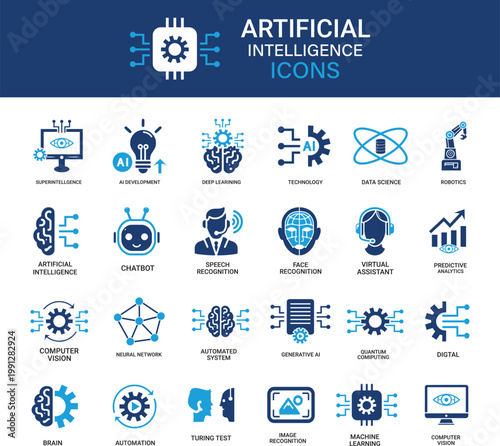 Artificial intelligence vector icon set. Machine learning, deep learning, neural network, robotics, data science, computer vision, natural language processing and automation symbols