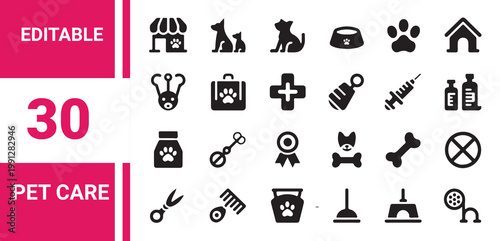 Pet Care Icons, Dog Cat Paw Print Veterinary Tools Grooming Supplies, 