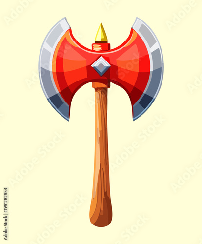 Fotografie Large red battle axe with golden handle for royal guard and elite warrior in fan