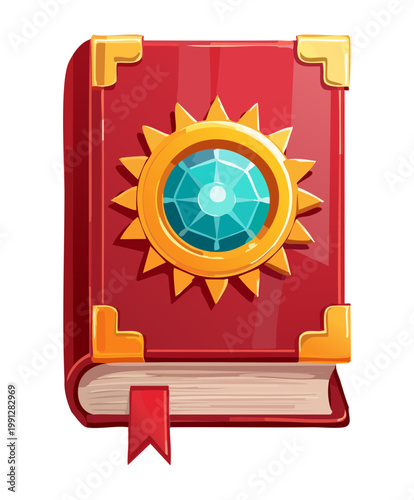 Canvas Print Red magical book with gold sun emblem for fire sorcerer and ancient lore study i