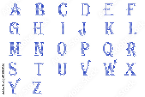 Blue Cross Stitch Alphabet Font Letters Set Embroidery Pattern Pixel Art ABC Typography Needlework Chart for Monogram Personalized Crafting DIY