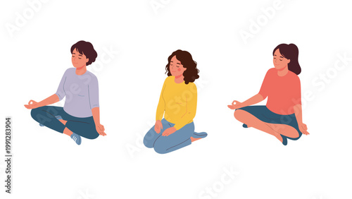 Three Women Meditating and Relaxing: Mindfulness Practice for Inner Peace and Well-being