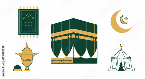 Islamic cultural icons including Kaaba prayer mat and crescent moon