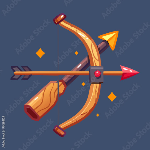 Simple wooden archer bow with brown arrow for basic combat training and forest adventure quests in casual mobile fantasy role playing game assets