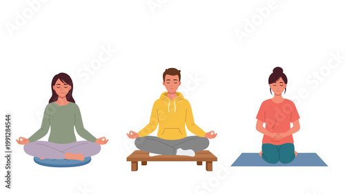 Diverse People Meditating: Mindfulness, Yoga, and Inner Peace Vector Set Illustration