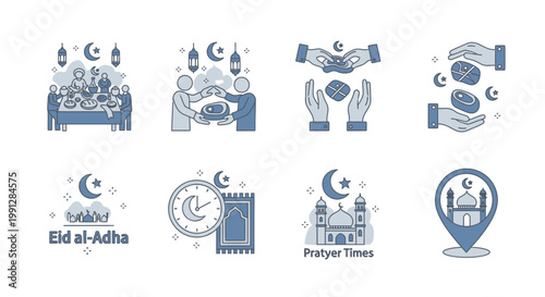 Islamic Eid al Adha holiday icons set in flat style