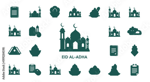Islamic Eid al Adha icon set with mosques and sheep