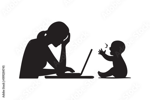 A tired mother working from home with baby crying icon silhouette on white background.