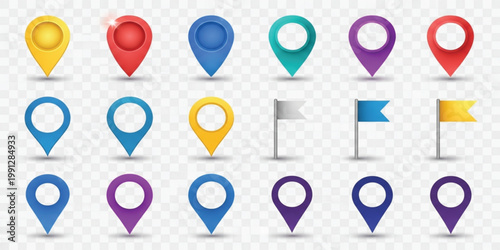 Colorful Map Pin and Flag Icon Set with Location Markers Navigation Symbols and GPS Collection Design
