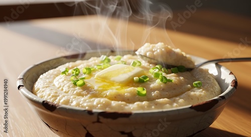 Steaming bowl of grits with butter and chives displayed on a wooden table