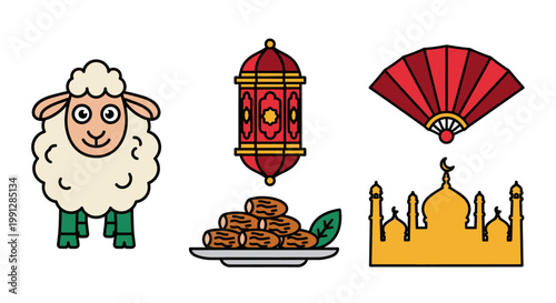 Islamic holiday flat vector icons with sheep lantern and dates
