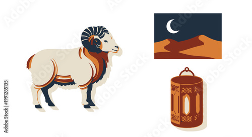 Islamic holiday flat illustration set with ram and lantern