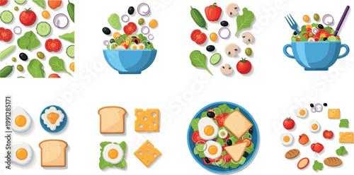 Healthy salad bowls and ingredients set with vegetables eggs cheese and bread breakfast food flat vector illustration collection
