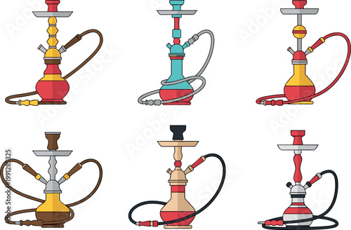 Hookah shisha set with different designs colorful water pipes smoking equipment illustration collection isolated on white background