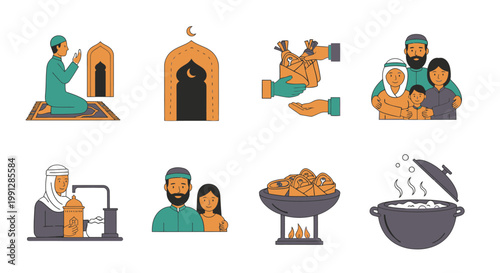 Islamic icon set for Ramadan with family prayer and charity