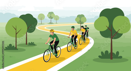Group of diverse people cycling together on a scenic outdoor trail.