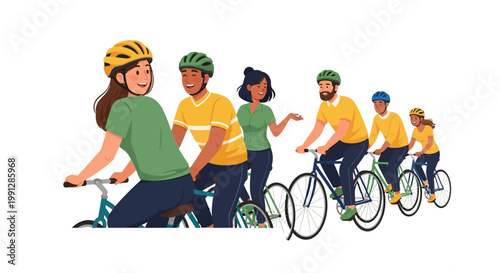 Diverse group of cyclists riding bicycles together outdoors.