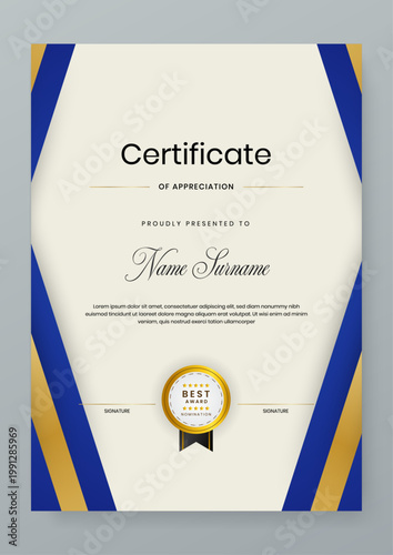 A vertical layout certificate of appreciation featuring blue and gold side borders and a central gold nomination badge
