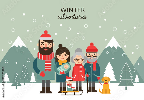 Multi-Generational Family Enjoying Winter Adventure in Snowy Mountain Landscape Flat Vector Illustration