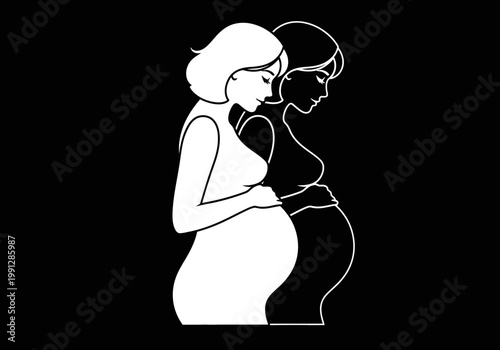 Minimalist Silhouette Illustration of Two Overlapping Pregnant Women on Black Background - Symbol of Motherhood, Twins, and Prenatal Care