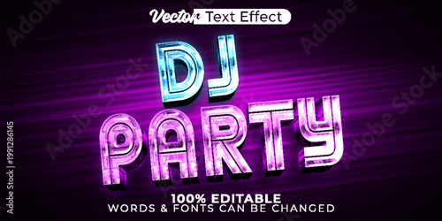 A vibrant DJ party vector text effect with editable words and fonts for music, nightlife, and entertainment designs