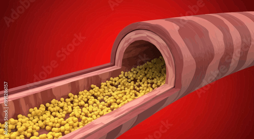 Artery cross-section showing cholesterol plaque buildup, atherosclerosis, cardiovascular disease concept