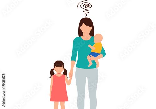 Exhausted Mother with Baby and Toddler Child Illustration; Concept of Parenting Stress, Burnout, and Mental Health Struggles for Busy Moms