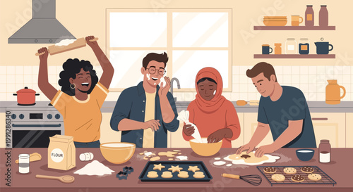 Group of Diverse Friends Having Fun Baking Cookies Together in the Kitchen.
