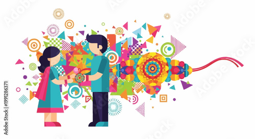 Brother and sister celebrating Raksha Bandhan with colorful rakhi and abstract background