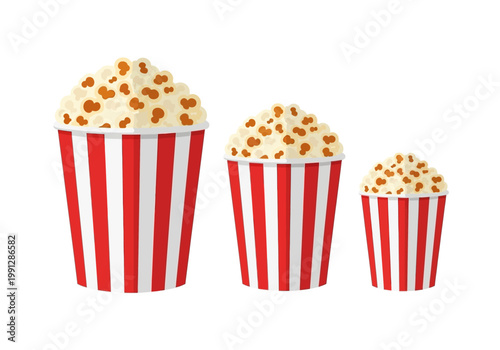 Popcorn Bucket Vector Set in Small Medium and Large Sizes with Classic Red and White Stripes, Cinema Snack Illustration Isolated on White Background