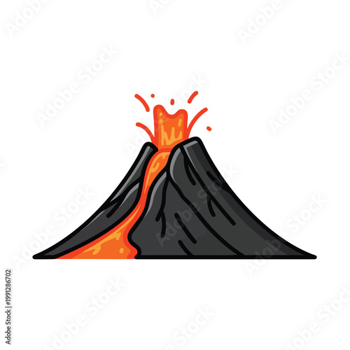 Cartoon style illustration of an erupting volcano with flowing hot lava.