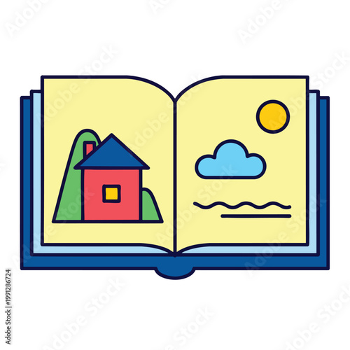Open storybook with colorful children drawings of a house and landscape.