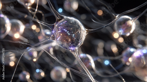 Futuristic AI neural network concept with translucent glass neurons and glowing data fibers. Dark cyberpunk background with blue purple halos. 3D render for website hero or ad banners. For AI tech.