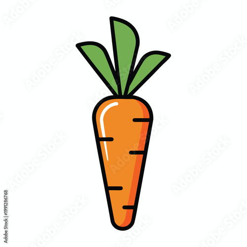 A simple flat vector icon of a fresh orange carrot with green leaves.