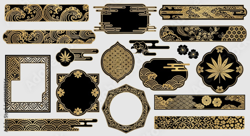 Elegant Japanese Ornaments: Golden Waves, Flowers, Leaves on Black Background