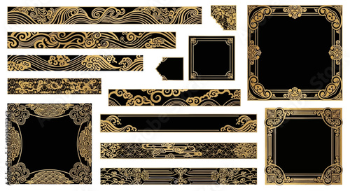 Elegant Golden Ornate Borders and Frames on Black Background - Vector Set