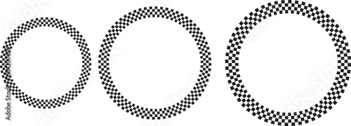 Set of circular checkered frame borders with geometric round decorative ring outline patterns minimal abstract vector elements isolated on white background