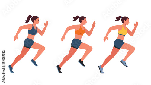 Dynamic vector illustration of three athletic women sprinting in sports attire. Female runners in motion, representing fitness and healthy lifestyle.