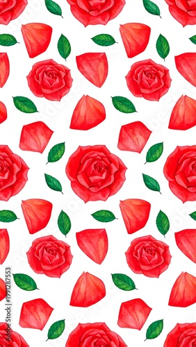 Vibrant Red Roses and Petals Pattern.