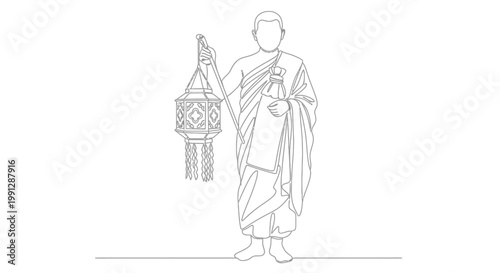 Buddhist Monk Holding Lantern Outdoors.