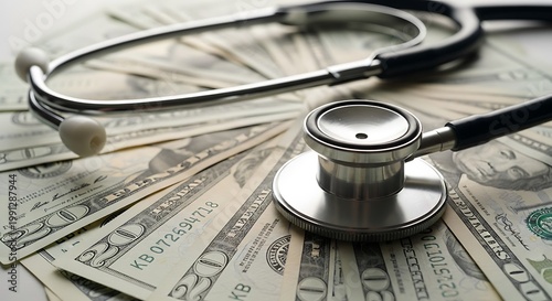 Stethoscope resting on united states currency bills healthcare costs concept