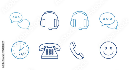 Customer service icons: headset, phone, chat, clock, smiley face, contact, support, communication