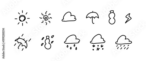 手書き風天気アイコン　セット　モノクロ　白黒　ベクター